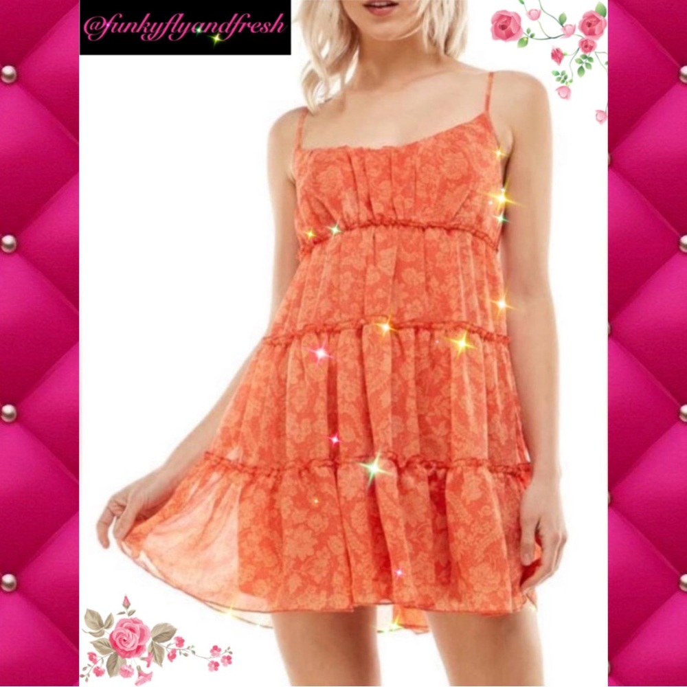 Row•A Sz M coral sheer floral tiered ruffle fully lined w/adjustable straps